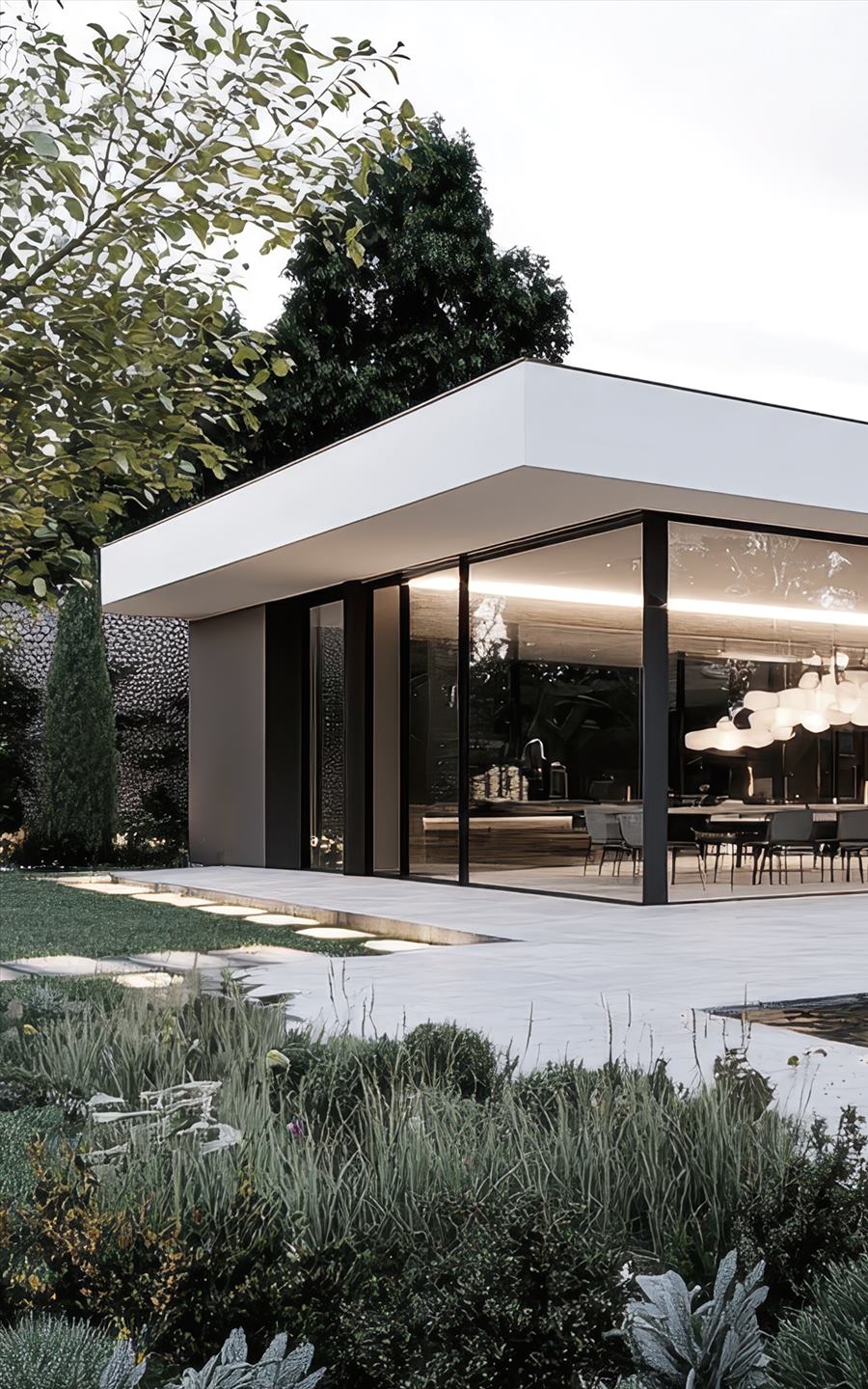 Modernes Wohnhaus mit Glasfront und Pool im Garten, linker Bildteil